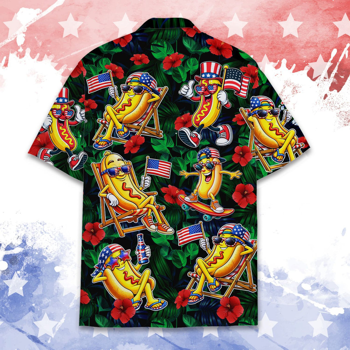 Back view of the tropical hawaiian shirt with summer hot dog pattern