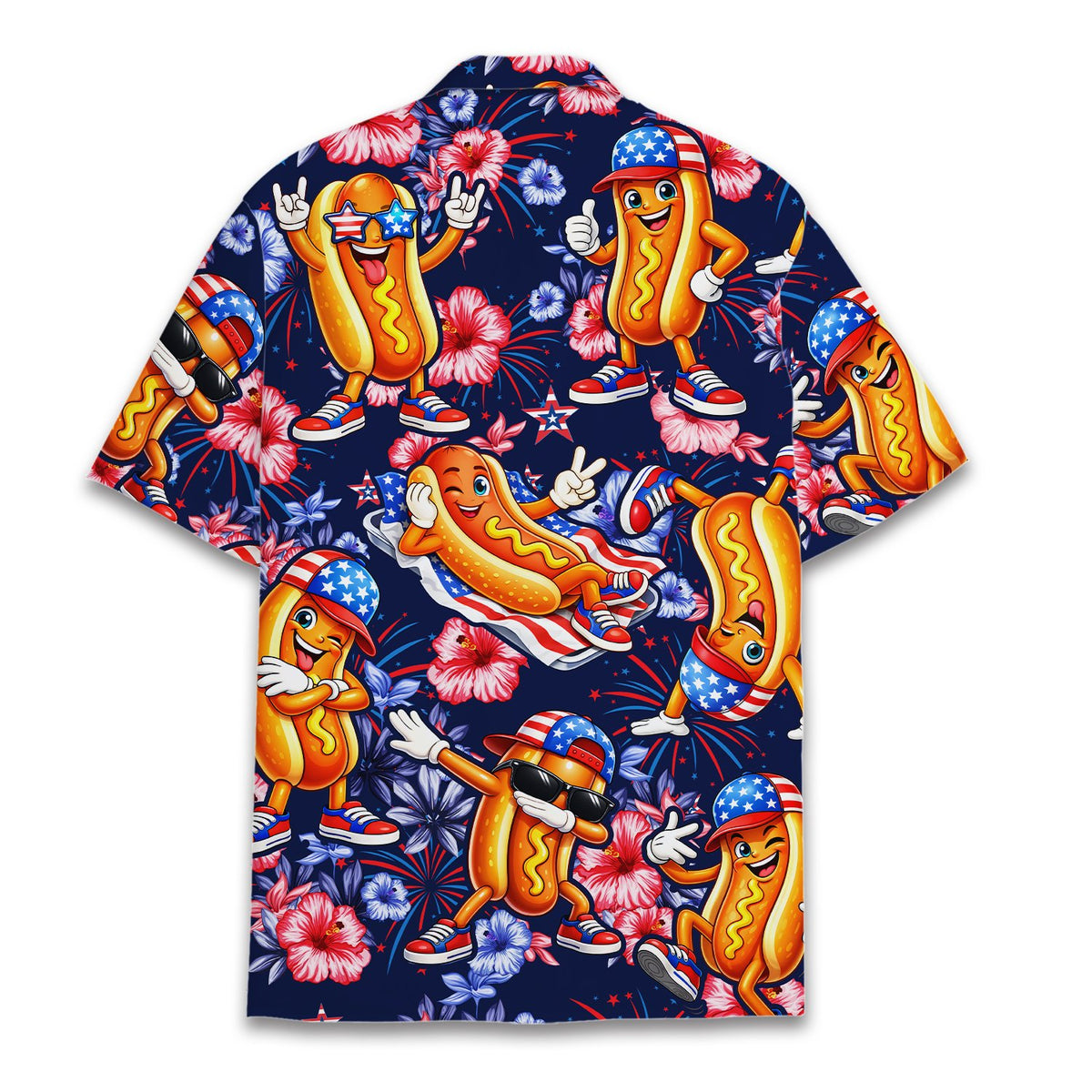 Fourth of july hawaiian shirt with patriotic hot dogs and fireworks, back view