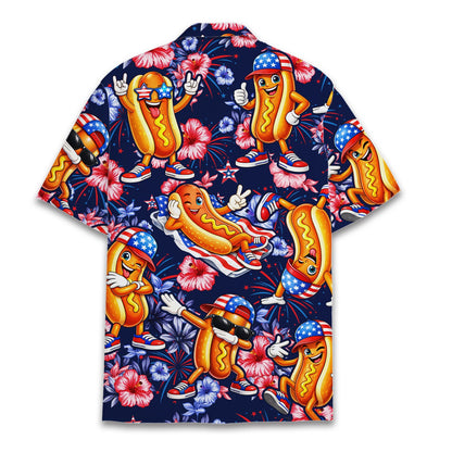Fourth of july hawaiian shirt with patriotic hot dogs and fireworks, back view
