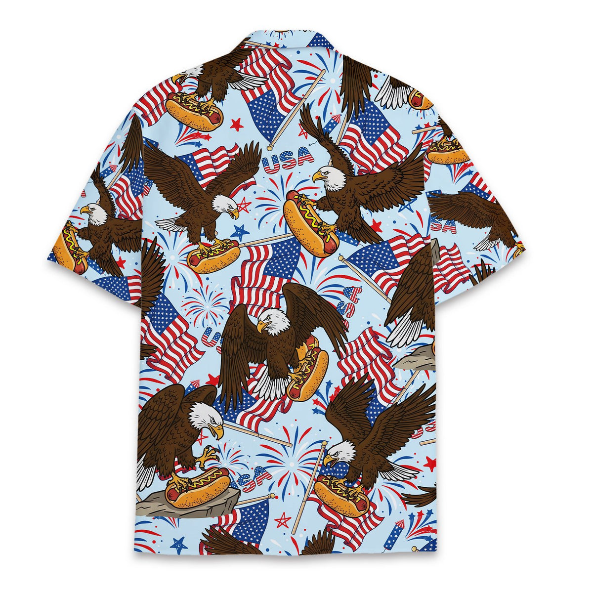 Blue fourth hawaiian shirt back view showing eagles and USA pattern