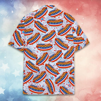 Back view of the holiday hawaiian shirt showing fireworks and stars design