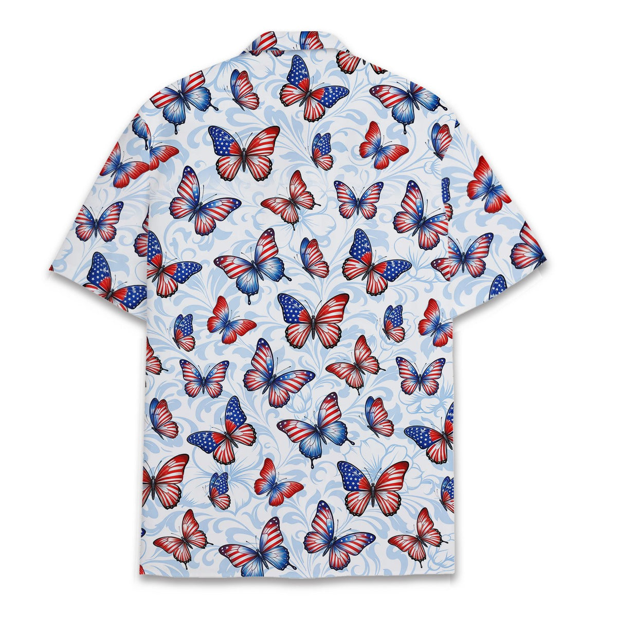Back view of the fourth of july hawaiian shirt featuring the butterfly flag print
