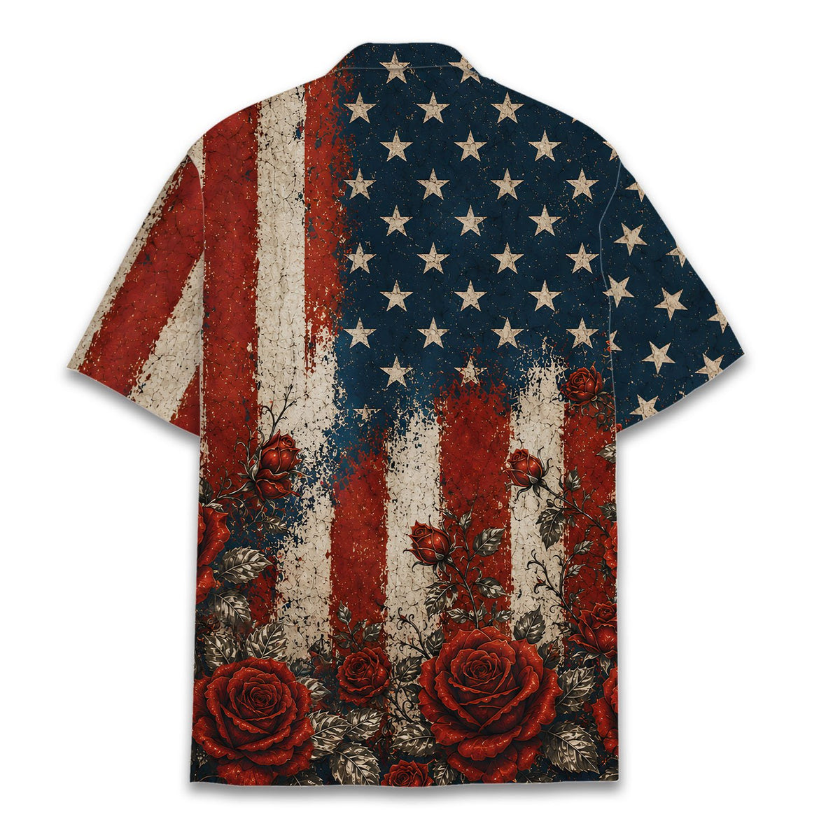 Back flat lay view of the vintage flag and red roses hawaiian shirt