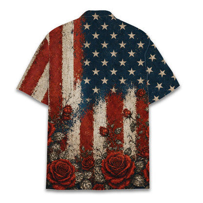 Back flat lay view of the vintage flag and red roses hawaiian shirt