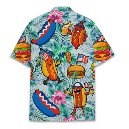 Back view of light blue fourth of july hawaiian shirt