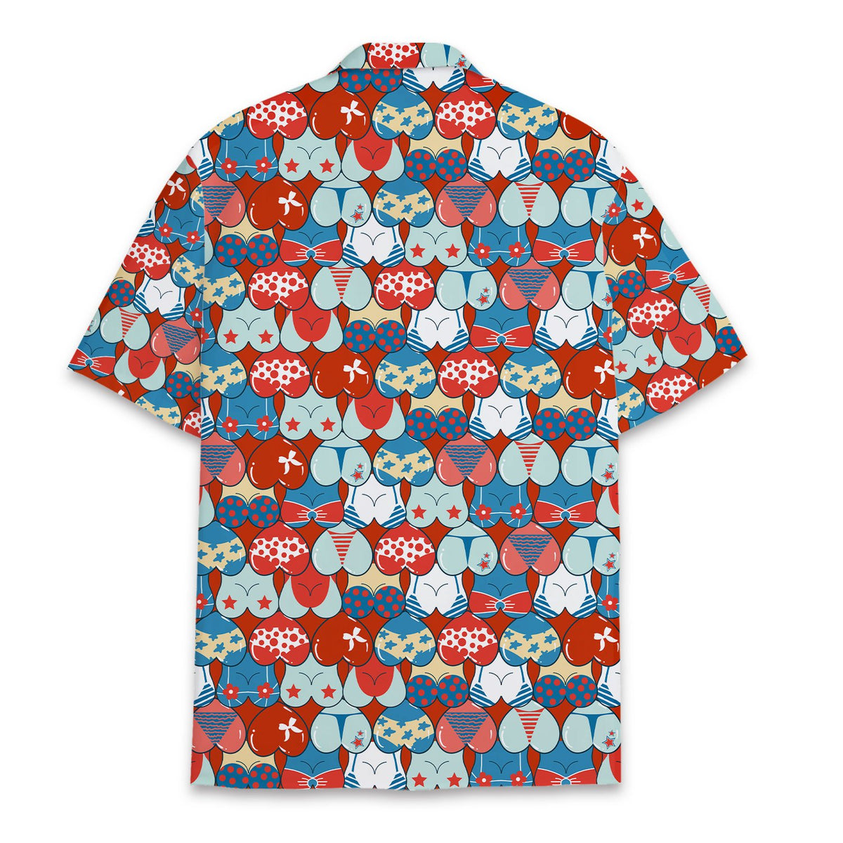 Back view of the fourth of july hawaiian shirt displaying the repeating bikini pattern