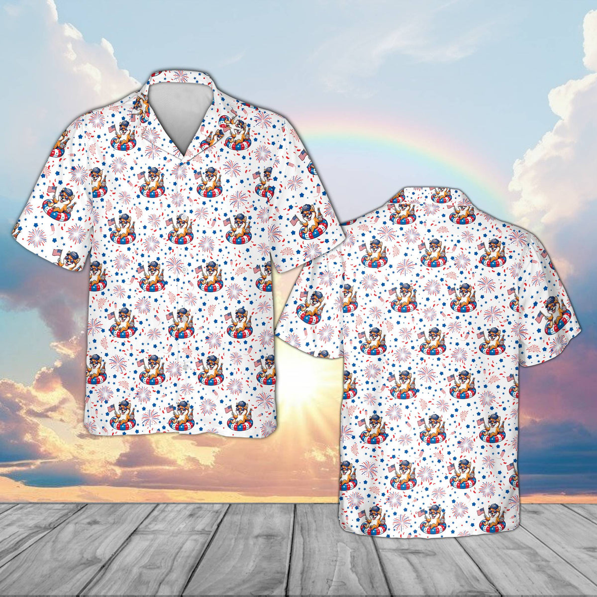 Matching family hawaiian shirt for Fourth of July featuring dog prints