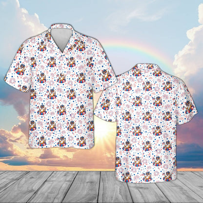 White fourth of july hawaiian shirt with patriotic dog and fireworks pattern, front view