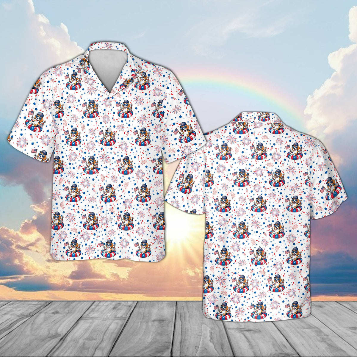 Detailed view of the fourth of july hawaiian shirt collar and pattern