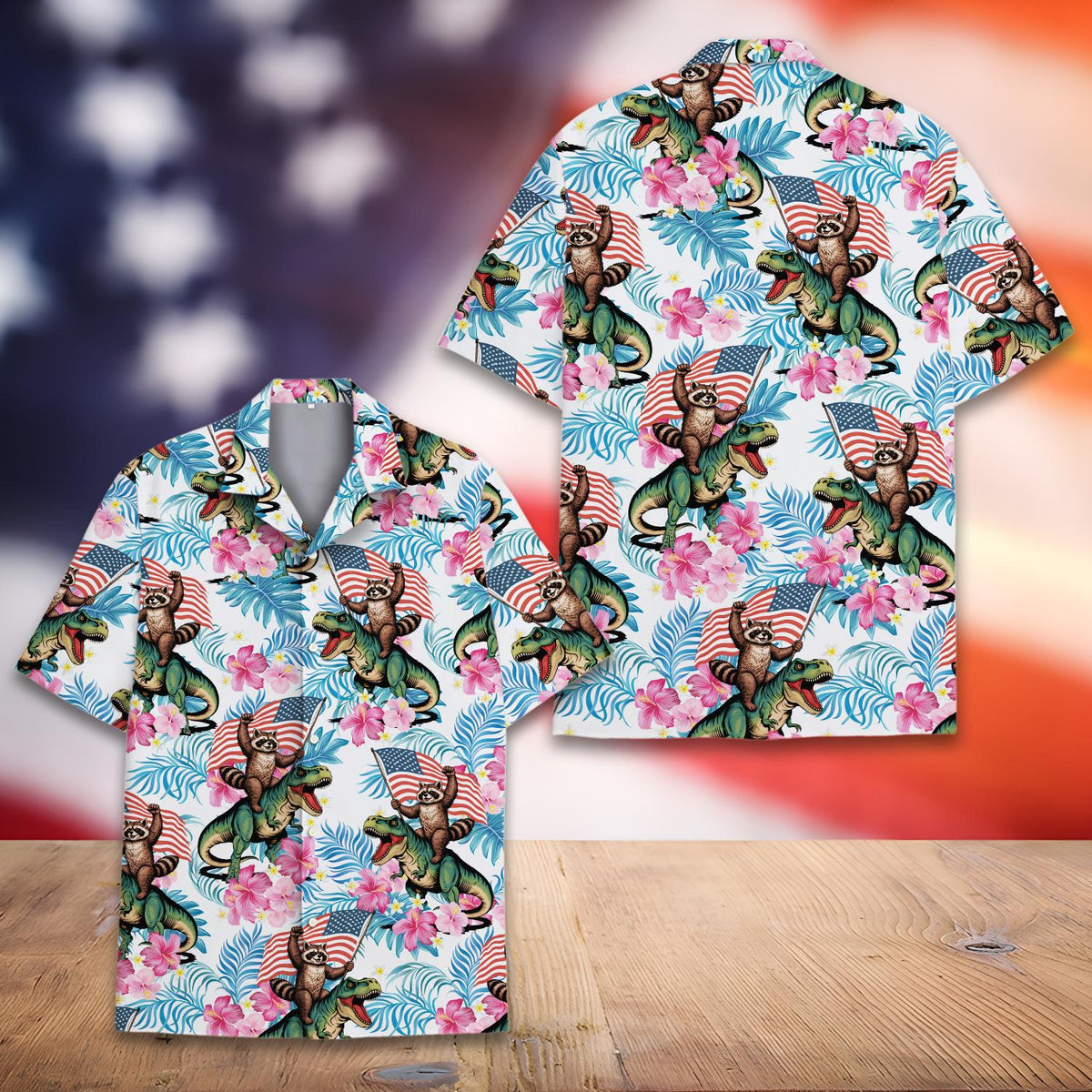 Detailed front view of the fourth of july hawaiian shirt featuring a raccoon and T-Rex patriotic tropical print