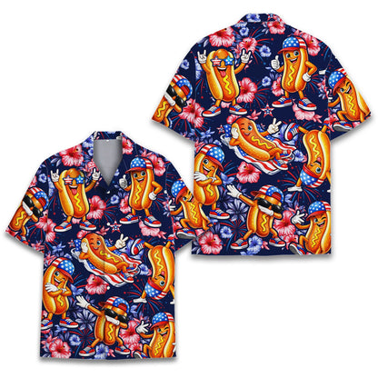 Fourth of july hawaiian shirt on a navy blue background, front view