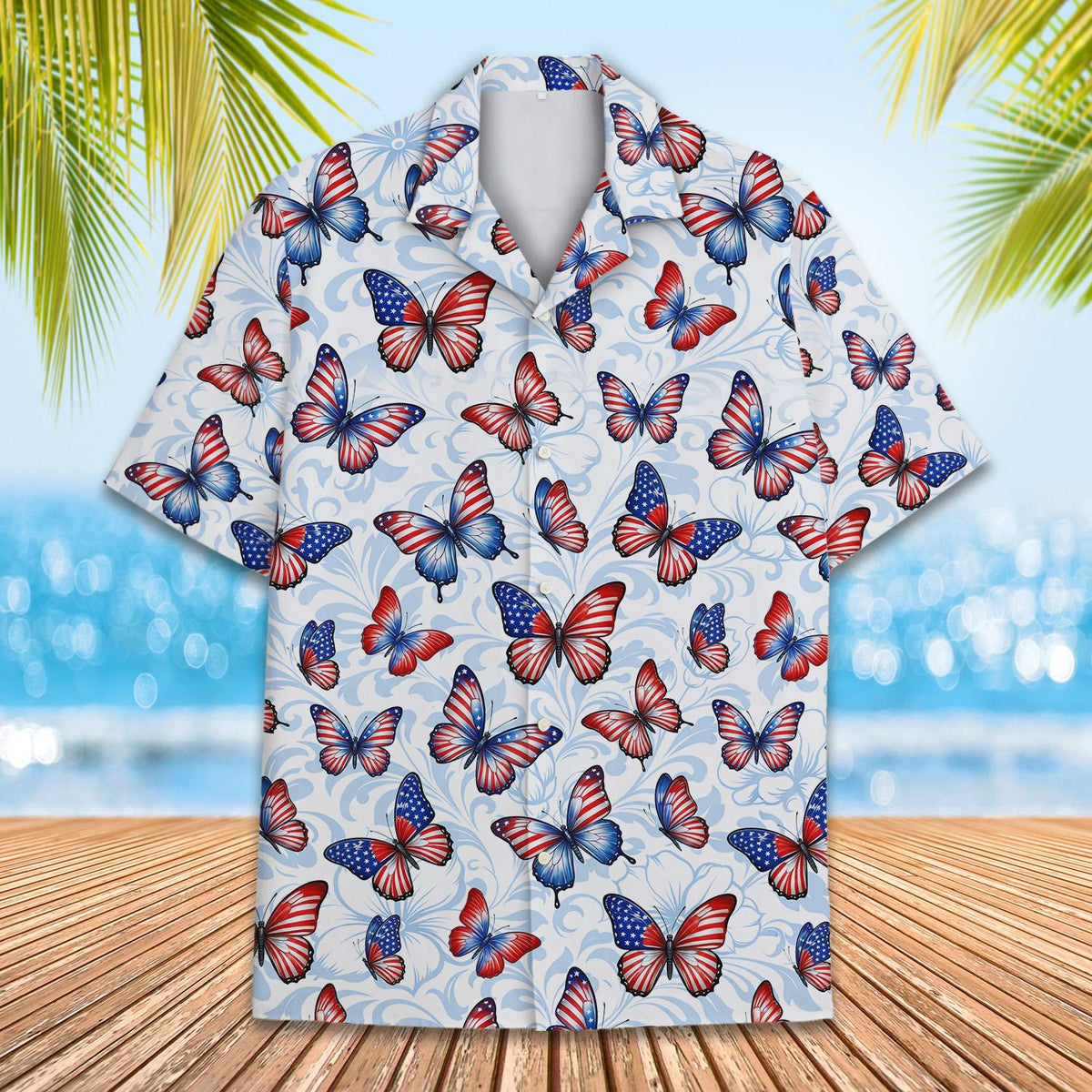 Detailed front view of matching family hawaiian shirt with flag butterflies