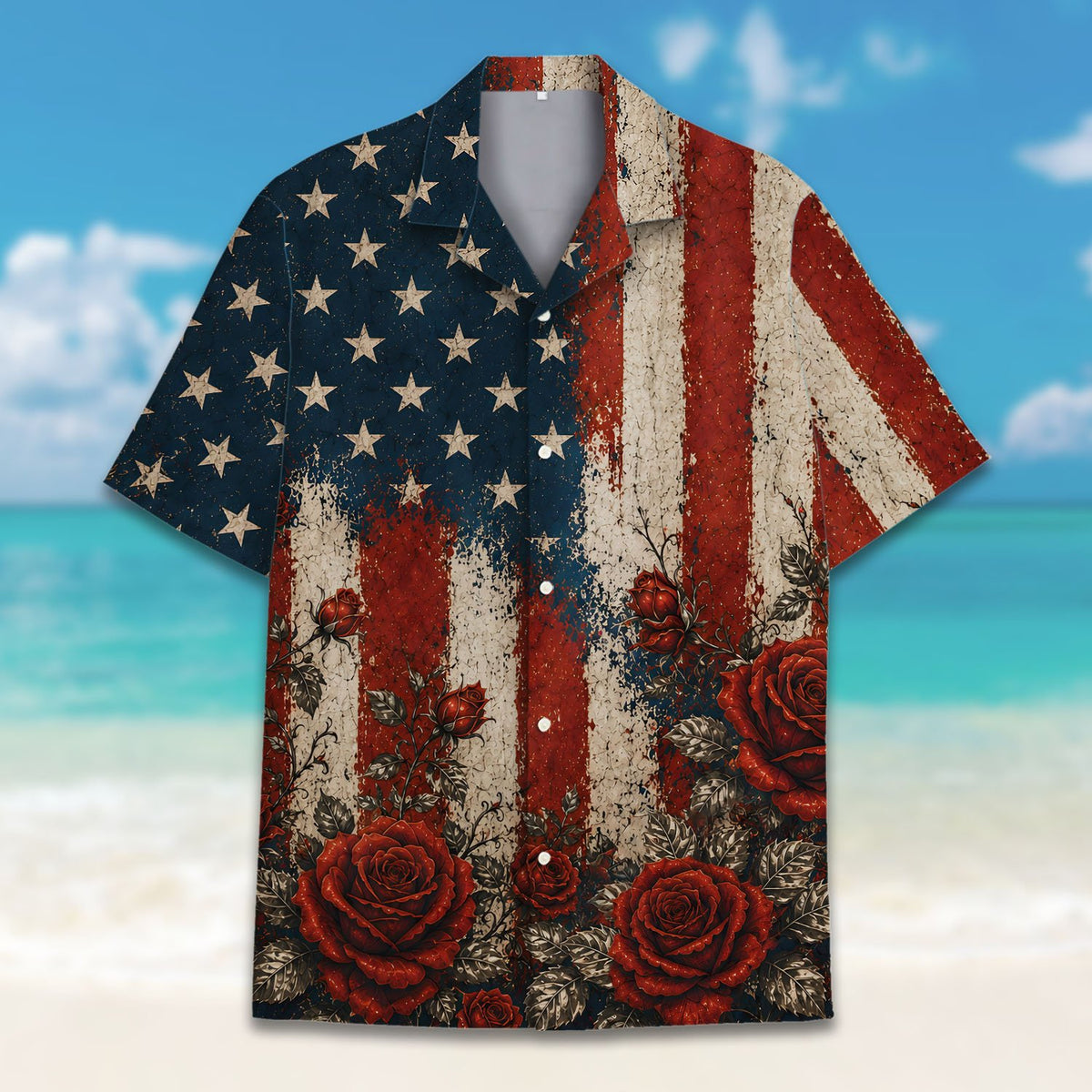 Close up front view of the navy fourth hawaiian shirt details