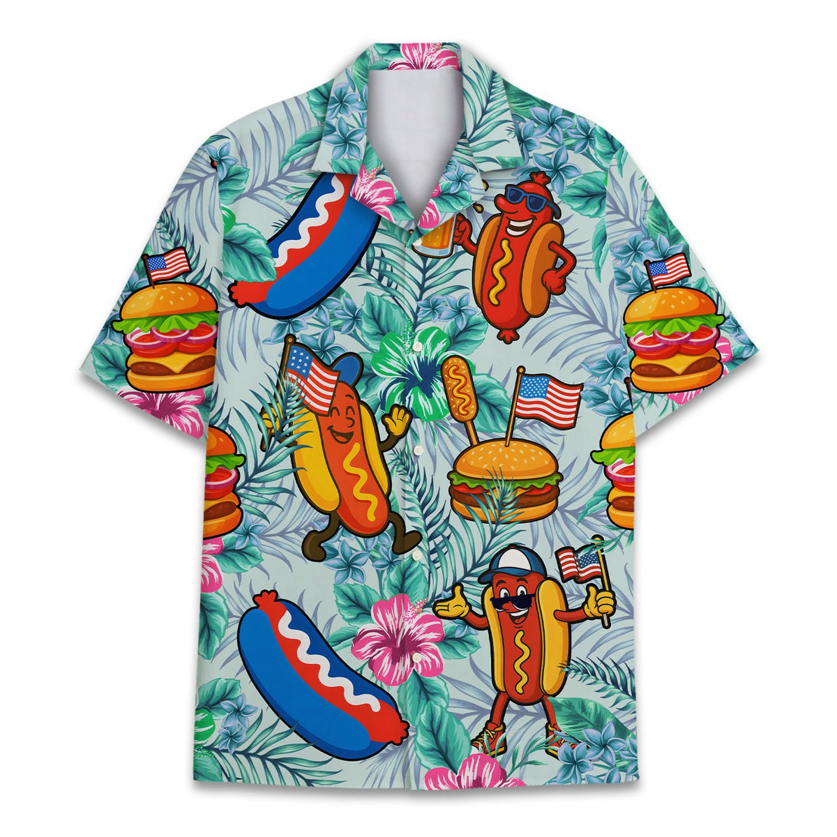 Detailed front view of tropical hawaiian shirt with festive food pattern