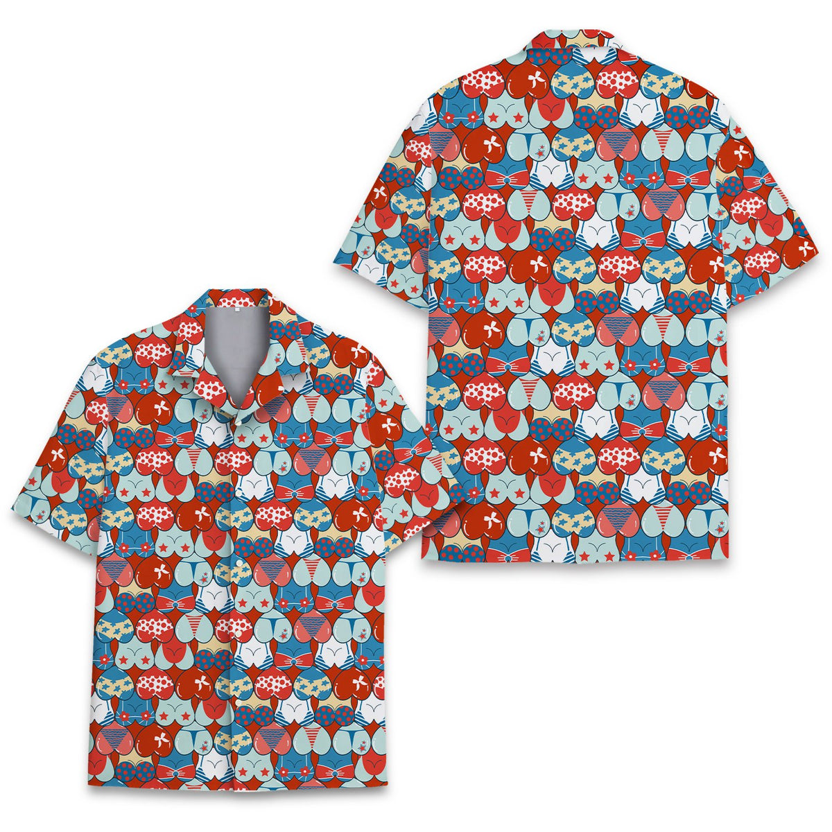 Close-up front view of the patriotic stars and stripes bikini pattern on the hawaiian shirt
