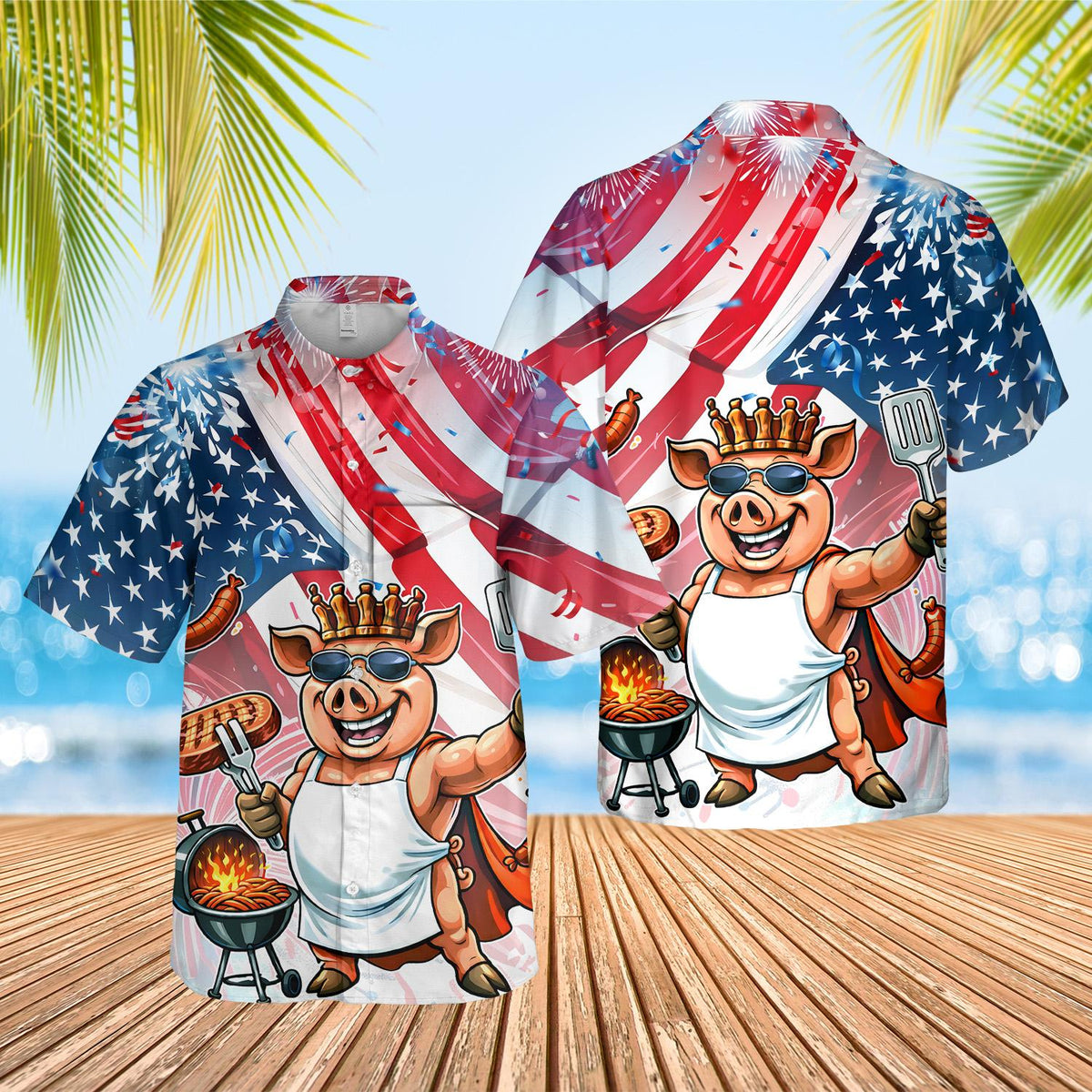 Another front view of the matching family hawaiian shirt featuring an American flag background