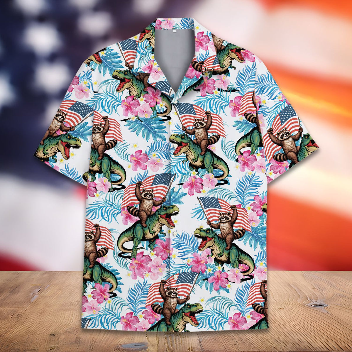 Close-up front view of the fourth of july hawaiian shirt featuring a raccoon and T-Rex patriotic tropical print