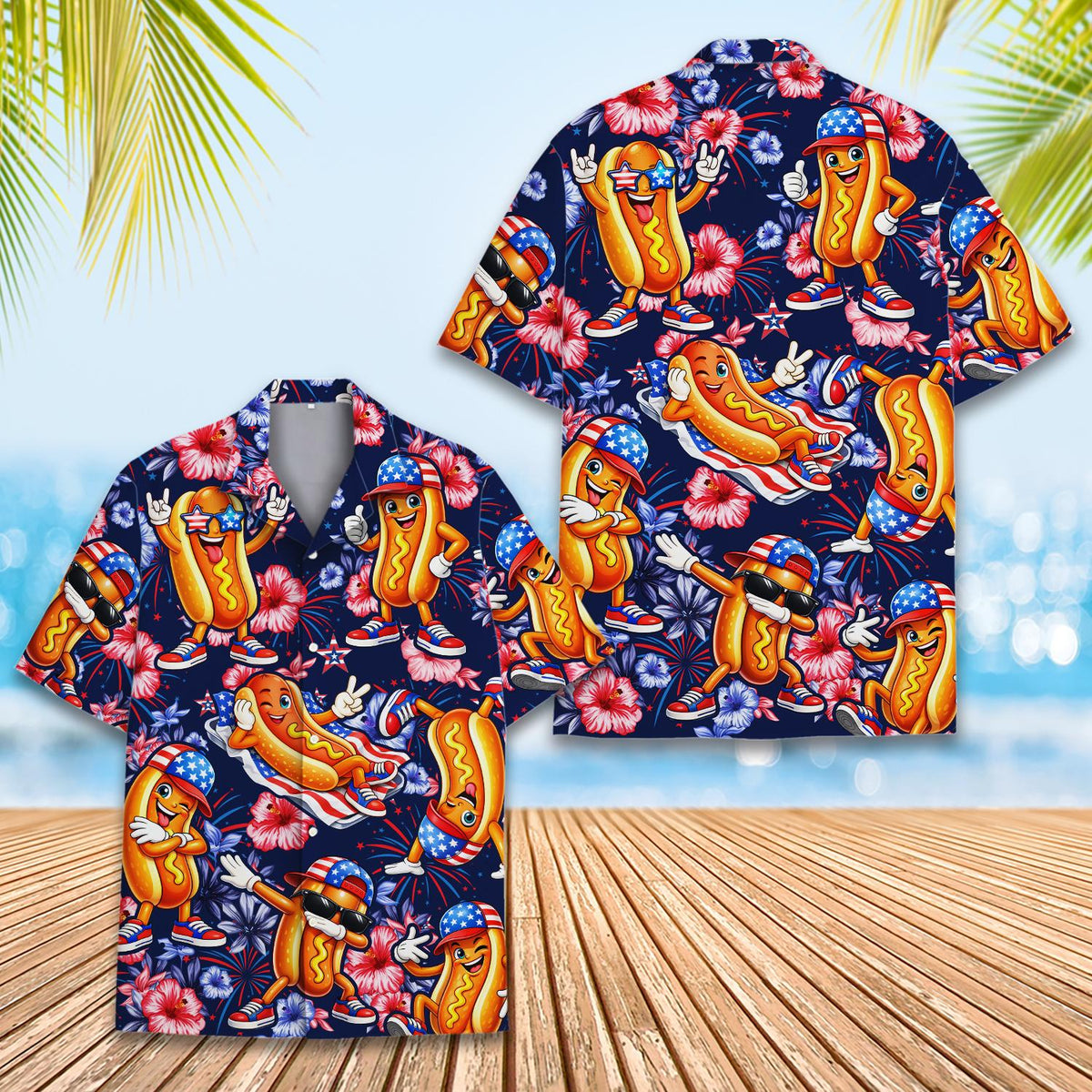 Festive hot dog printed button down summer shirt, front view