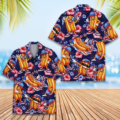 Festive hot dog printed button down summer shirt, front view
