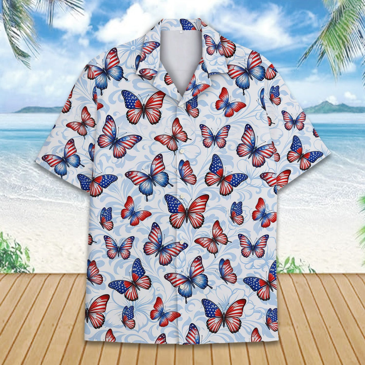 Fourth of july hawaiian shirt with pale blue floral background, front view