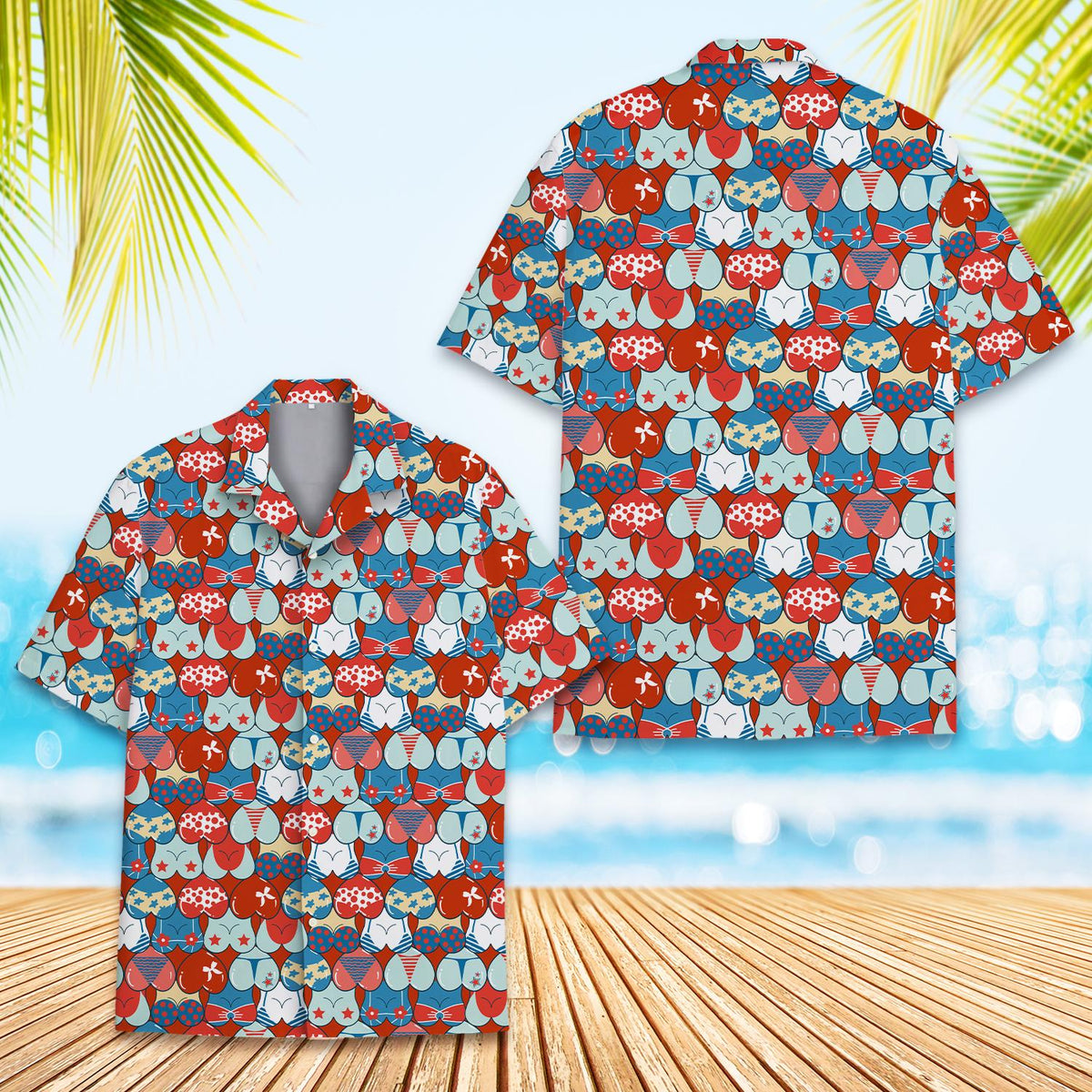 Detailed front view showing the buttons and collar of the red, white, and blue hawaiian shirt