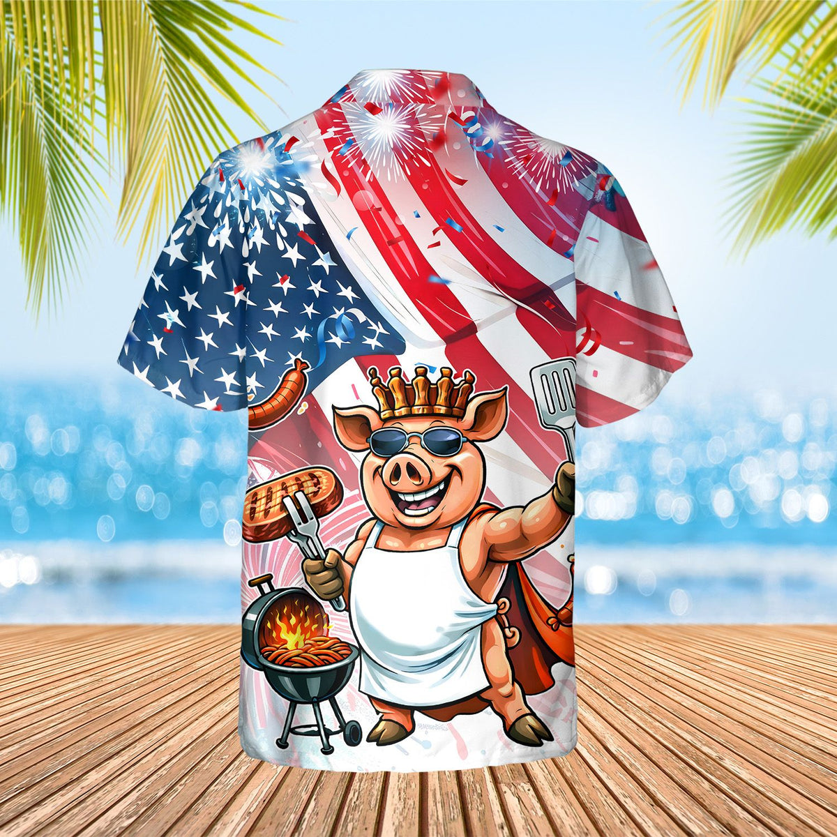 Detail front view of the patriotic pig grilling design on the hawaiian shirt