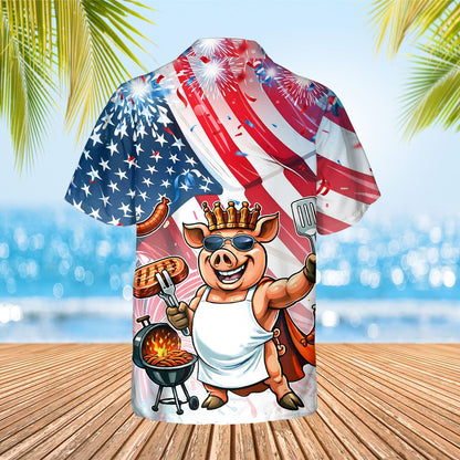 Detail front view of the patriotic pig grilling design on the hawaiian shirt
