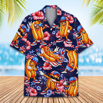 Patriotic family hawaiian shirt with tropical details, front view