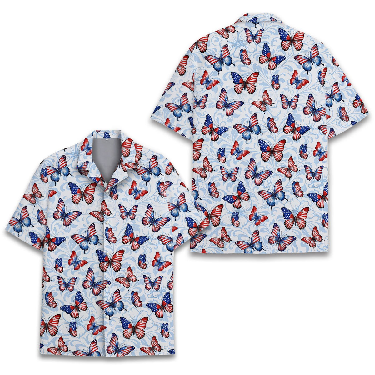 Close-up front view of the patriotic butterfly hawaiian shirt