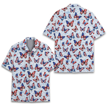 Close-up front view of the patriotic butterfly hawaiian shirt