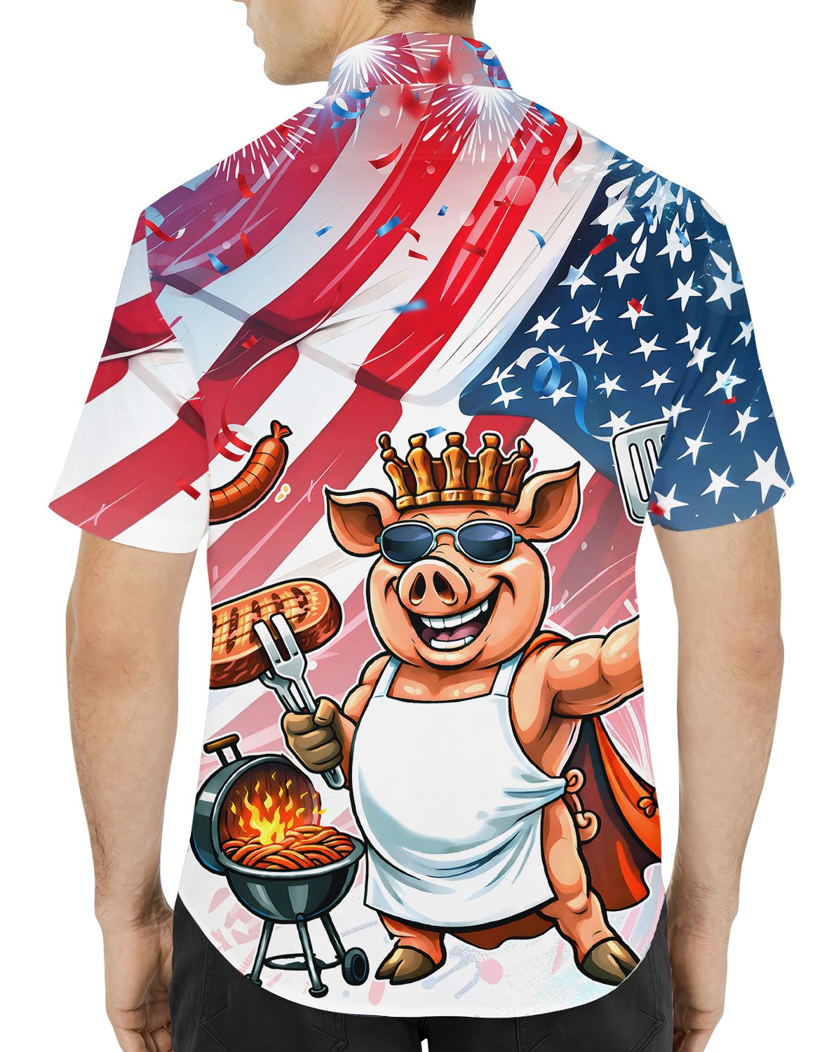Close up front view of the matching family fourth of july hawaiian shirt