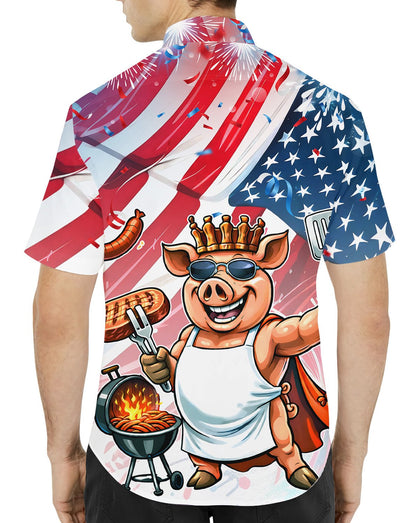 Close up front view of the matching family fourth of july hawaiian shirt