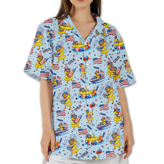 Fourth of july hawaiian shirt with patriotic yellow duck pattern on light blue background