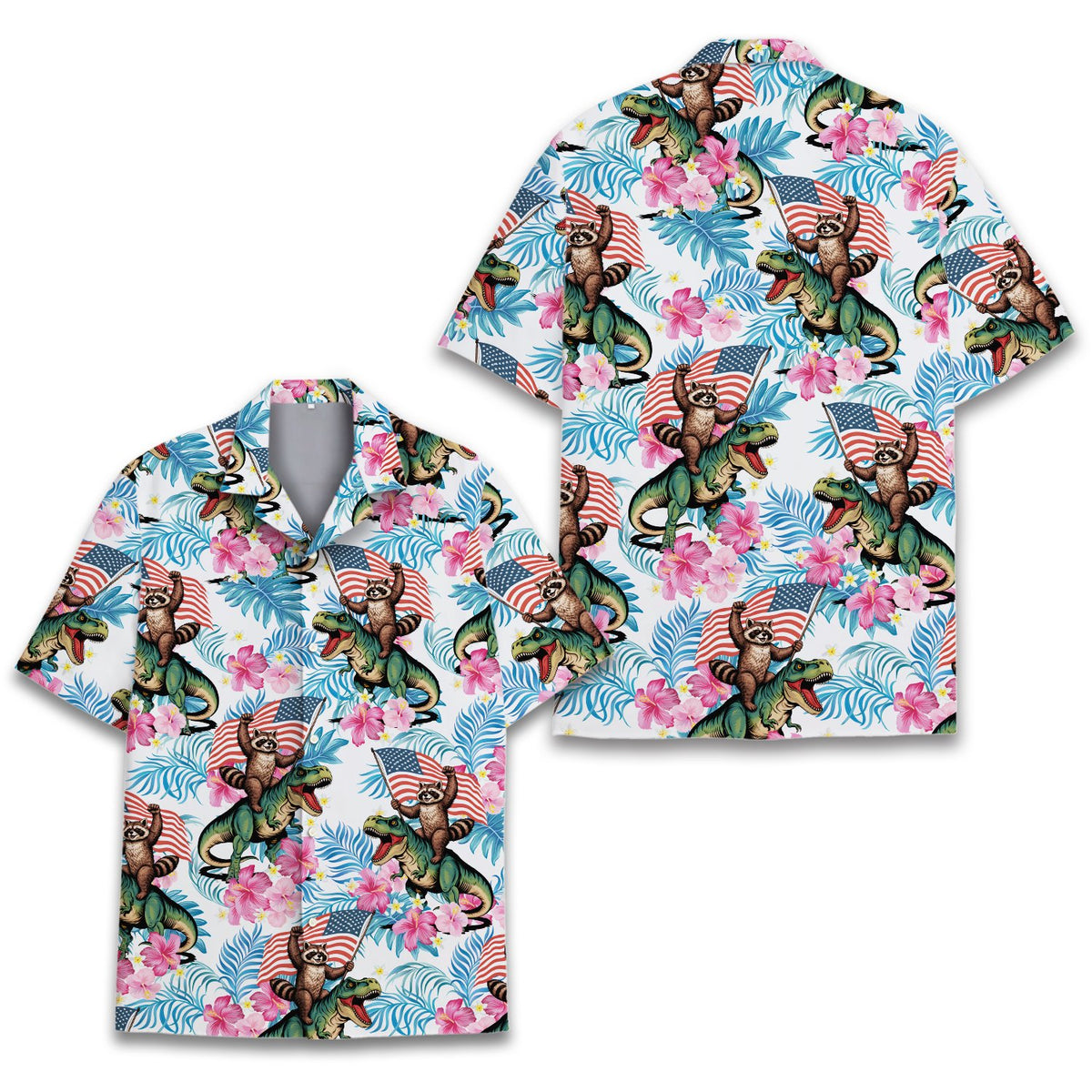 Front view of the fourth of july hawaiian shirt featuring a raccoon and T-Rex patriotic tropical print