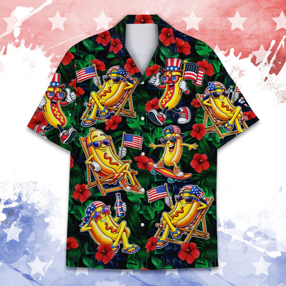 Black fourth hawaiian shirt with hot dog design, main view