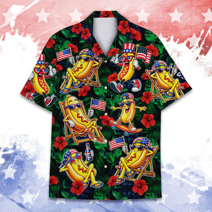 Black fourth hawaiian shirt with hot dog design, main view