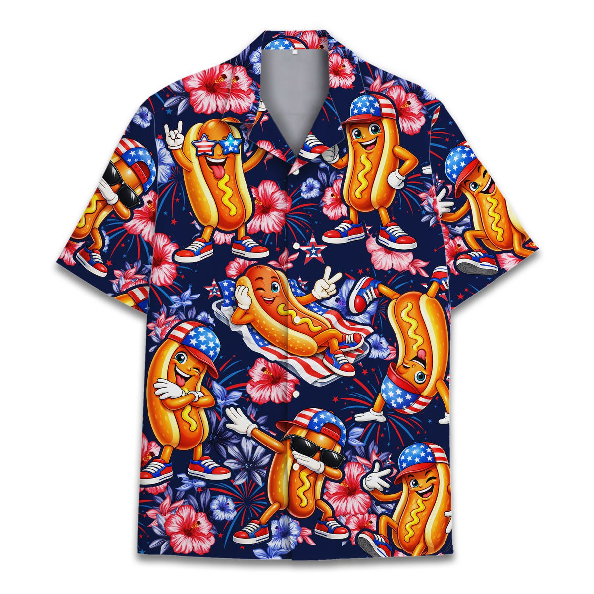Matching family hawaiian shirts featuring hot dogs and hibiscus flowers, front view