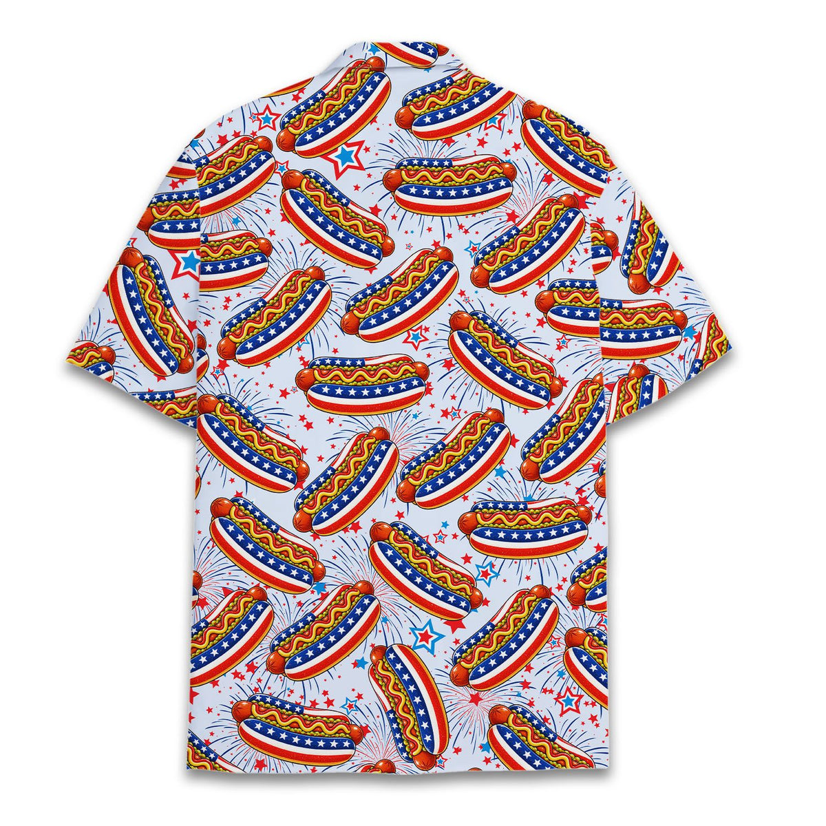 Front view of the matching family hawaiian shirt with hot dog and American flag bun pattern