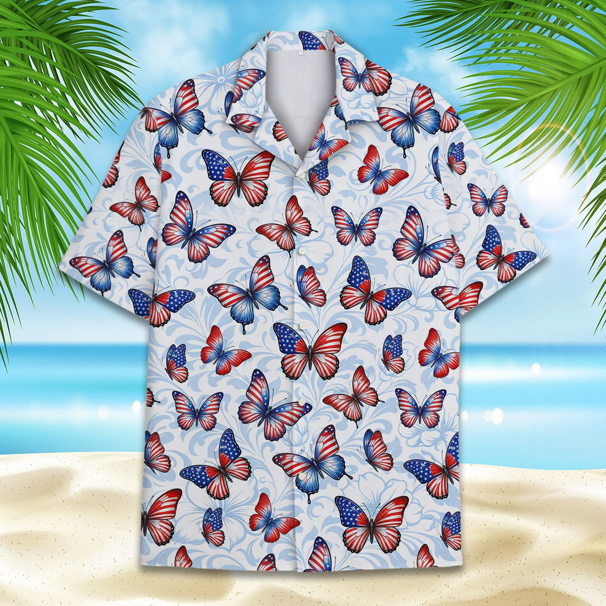Front view of fourth of july hawaiian shirt featuring patriotic butterflies