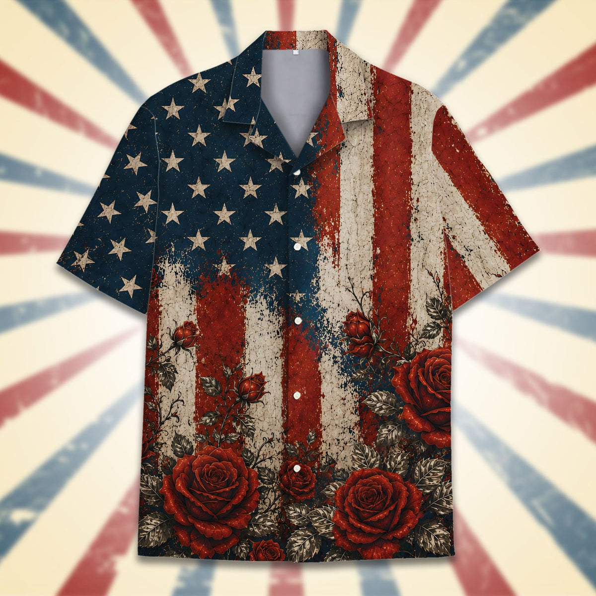 Front flat lay view of the matching family hawaiian shirt with patriotic floral design