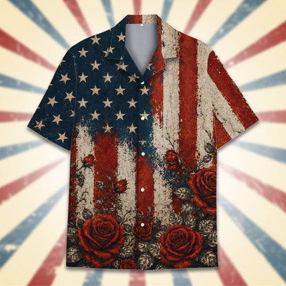 Front flat lay view of the matching family hawaiian shirt with patriotic floral design