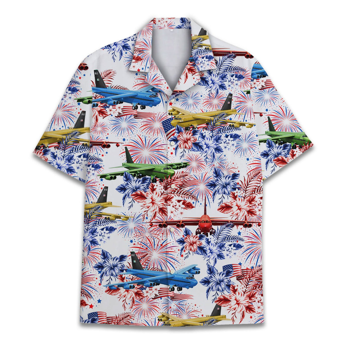 Matching family fourth of july hawaiian shirt featuring military airplanes and fireworks, main view