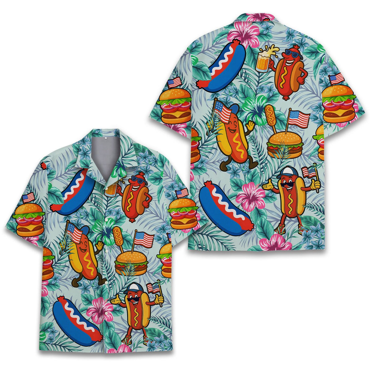 Front view of matching family hawaiian shirts featuring hot dogs and hamburgers