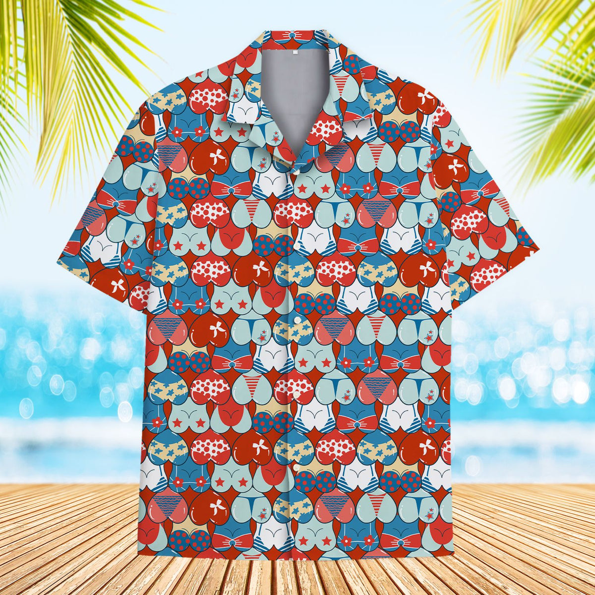 Fourth of july hawaiian shirt featuring a humorous patriotic bikini pattern, main view