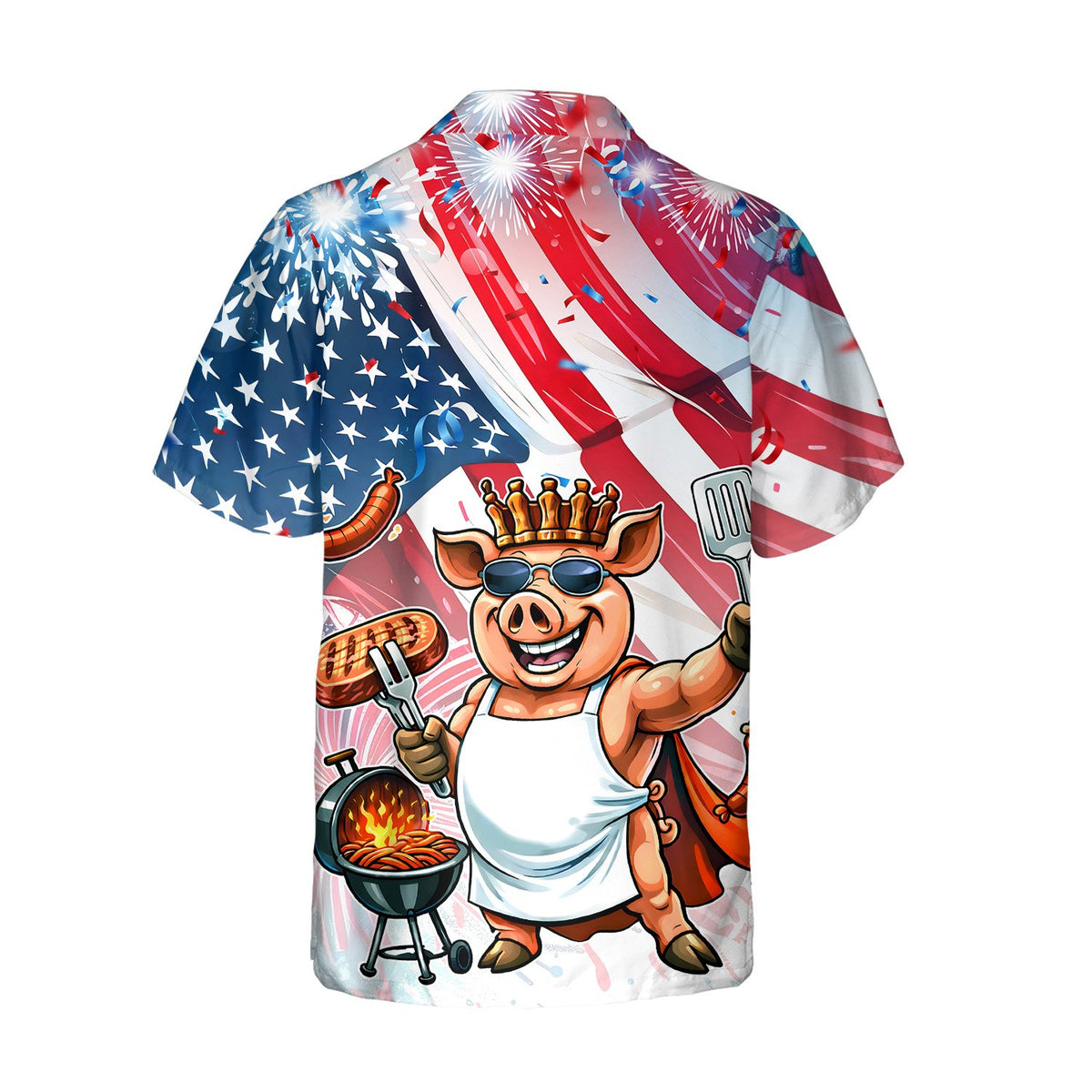 Matching family fourth of july hawaiian shirt with patriotic pig BBQ design, main view