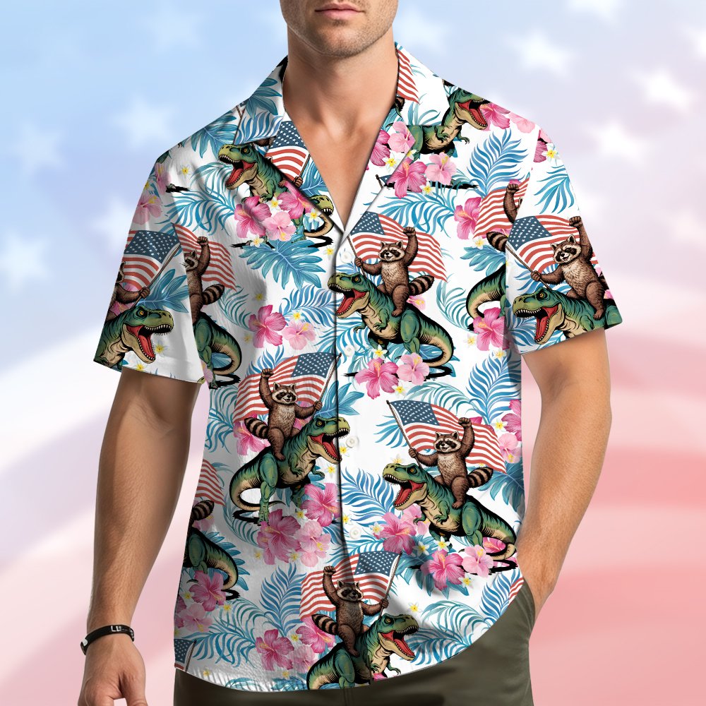Additional lifestyle view of a person wearing the fourth of july hawaiian shirt outdoors