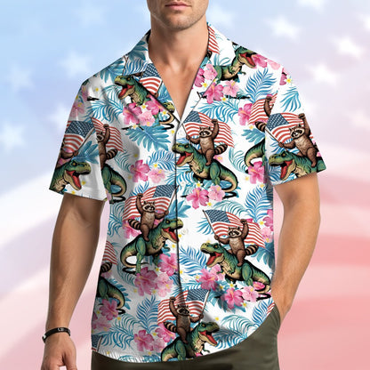 Additional lifestyle view of a person wearing the fourth of july hawaiian shirt outdoors