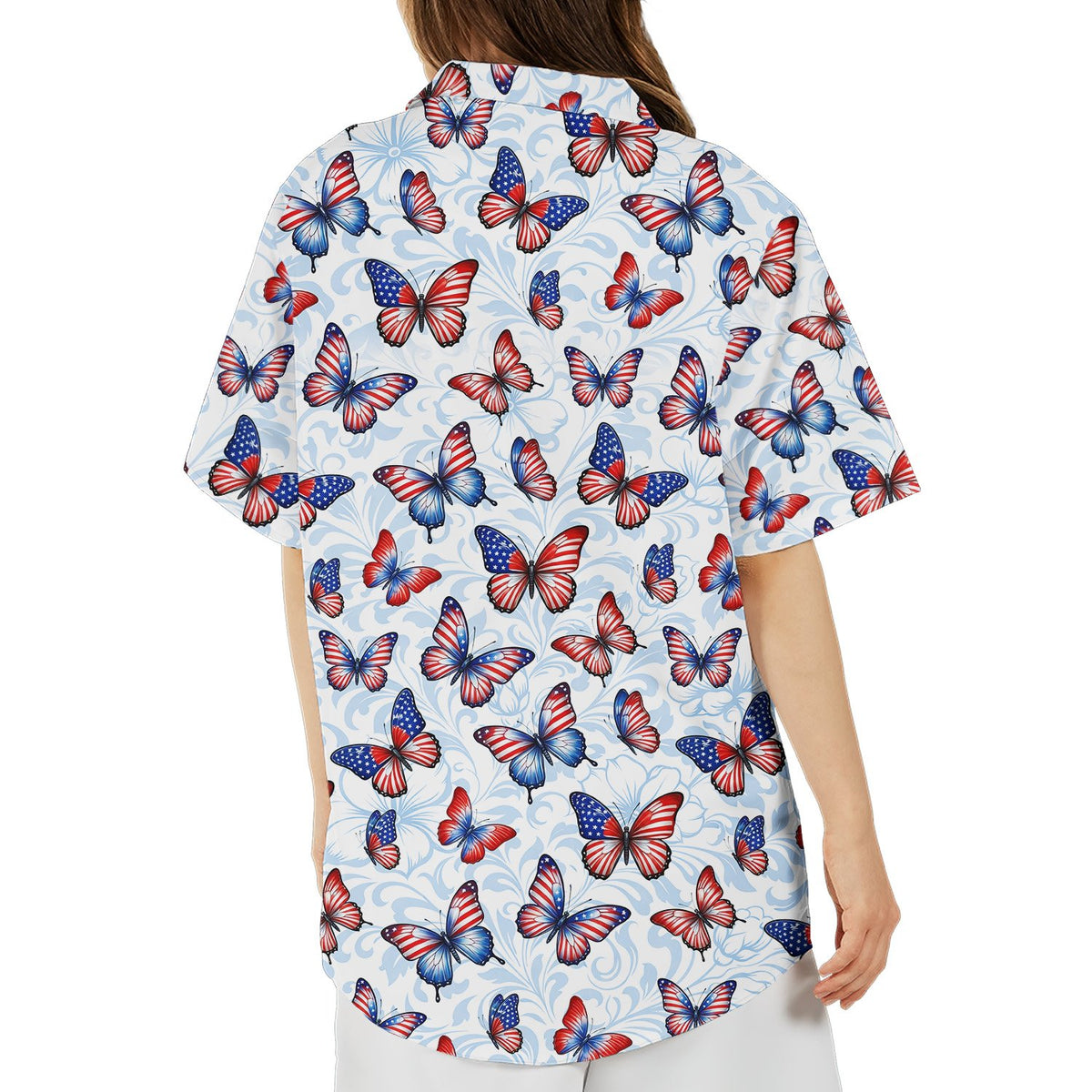 Second lifestyle view showing the fourth of july hawaiian shirt on an adult