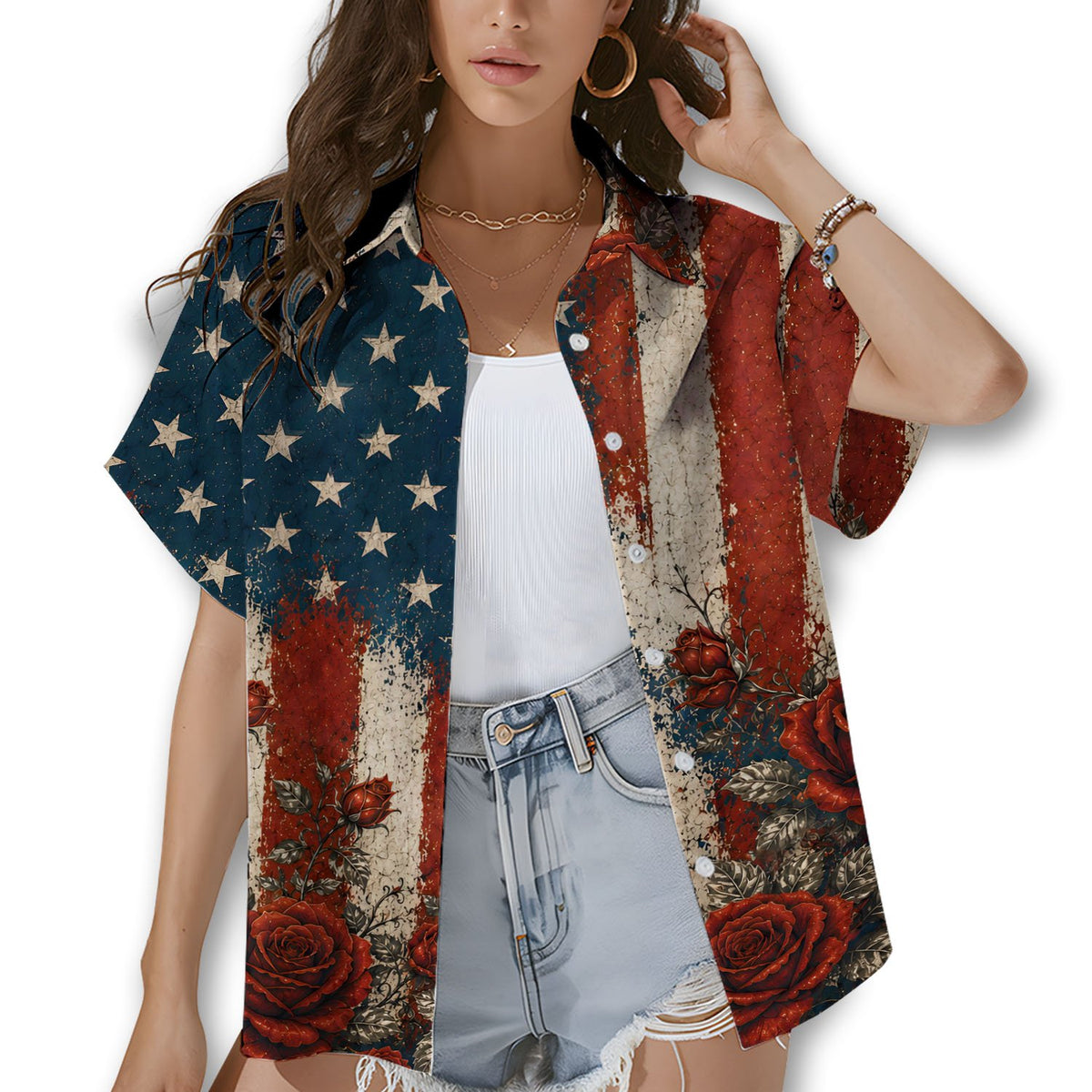 Another lifestyle shot of the patriotic floral hawaiian shirt being worn