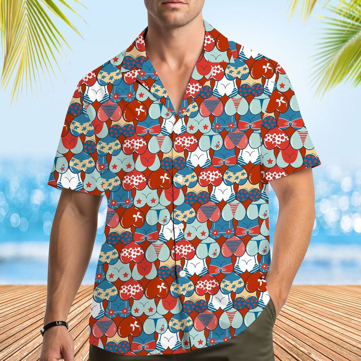 Lifestyle shot of the patriotic bikini pattern hawaiian shirt worn at a summer gathering